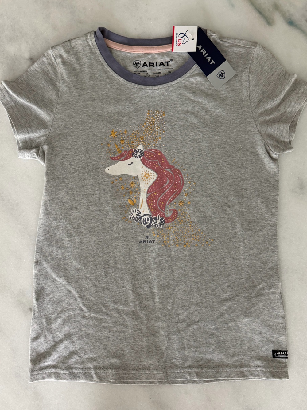 Ariat Gray Short Sleeve Tee with Unicorn Graphic